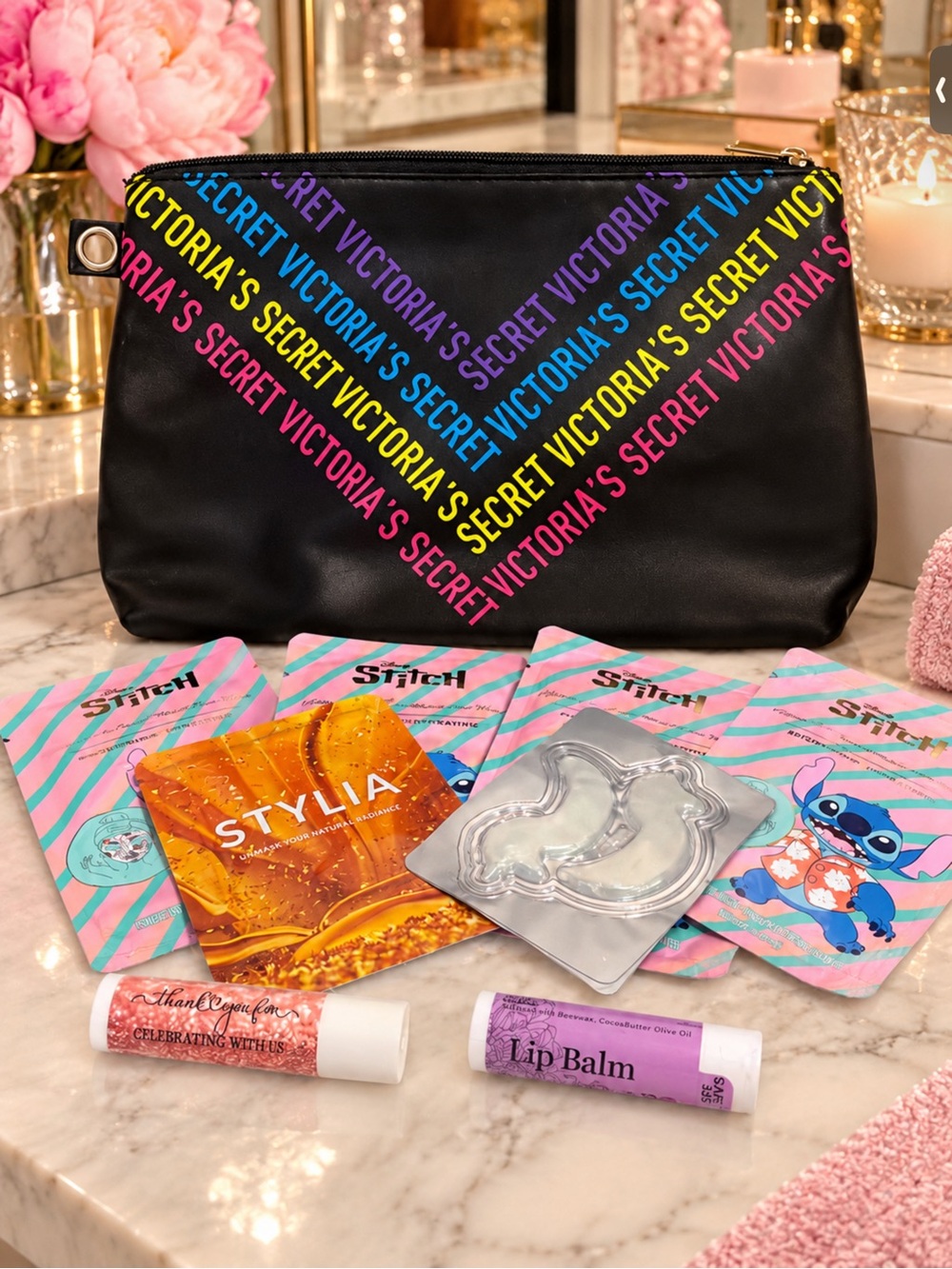 Victoria's Secret Black Cosmetic Pouch with Rainbow Diagonal Logo